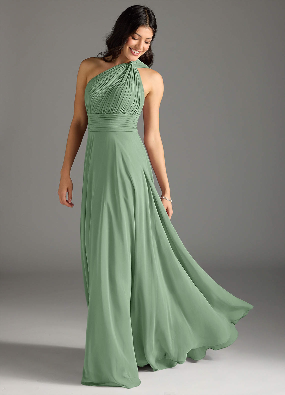 Charlize A-Line One-Shoulder Chiffon Bridesmaid Dress in Matcha