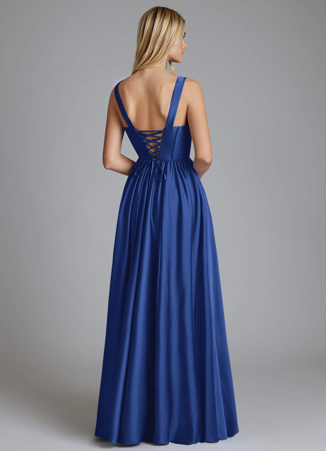 Delmie A-Line V-Neck Stretch Satin Bridesmaid Dress in Royal Blue