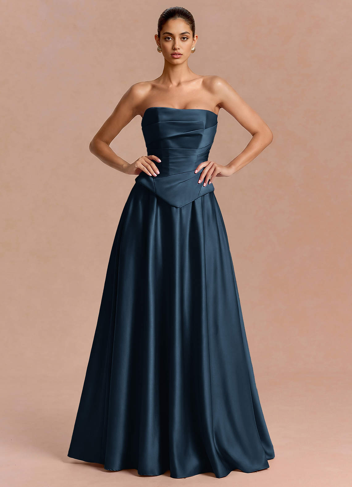 Eponine A-Line Pleated Stretch Satin Evening Dress in Truffle