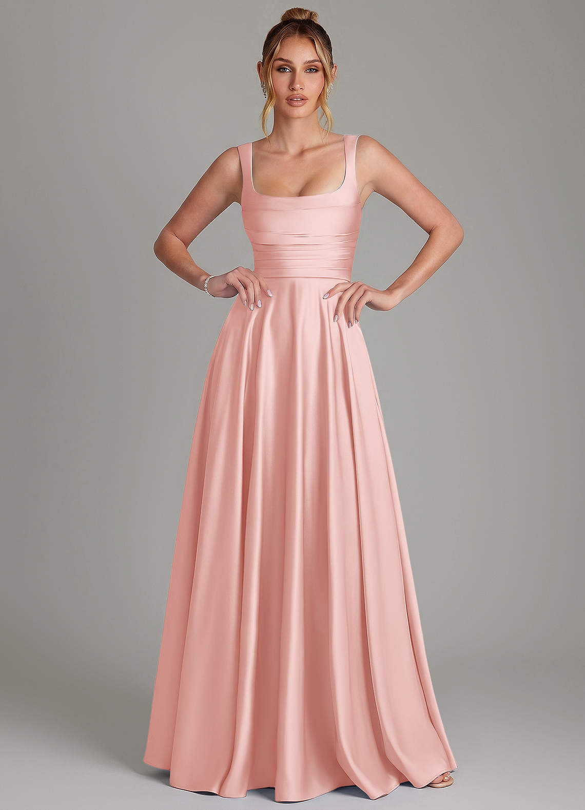Azaria A-Line Square-Neck Stretch Satin Bridesmaid Dress in Powder Pink