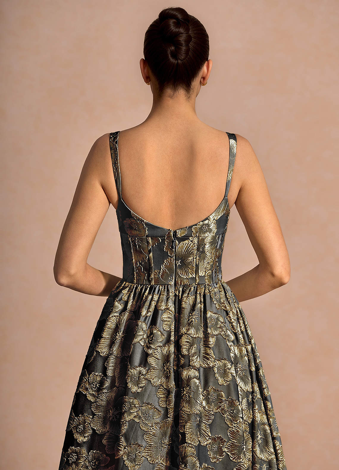 Julietteh A-Line Strappy Jacquard Taffeta Evening Dress in Black