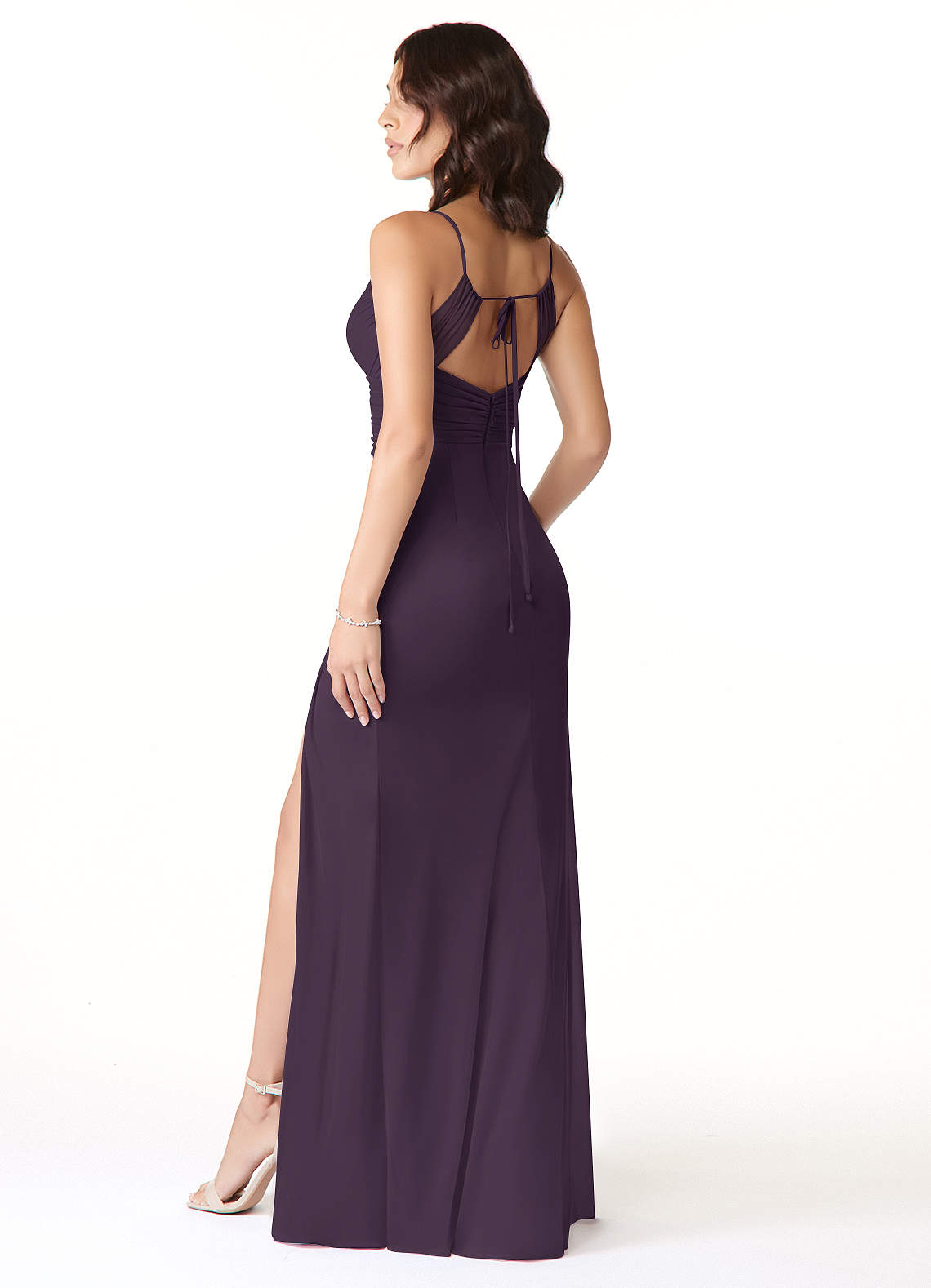 Reneya Mermaid V-Neck Mesh Bridesmaid Dress in Plum