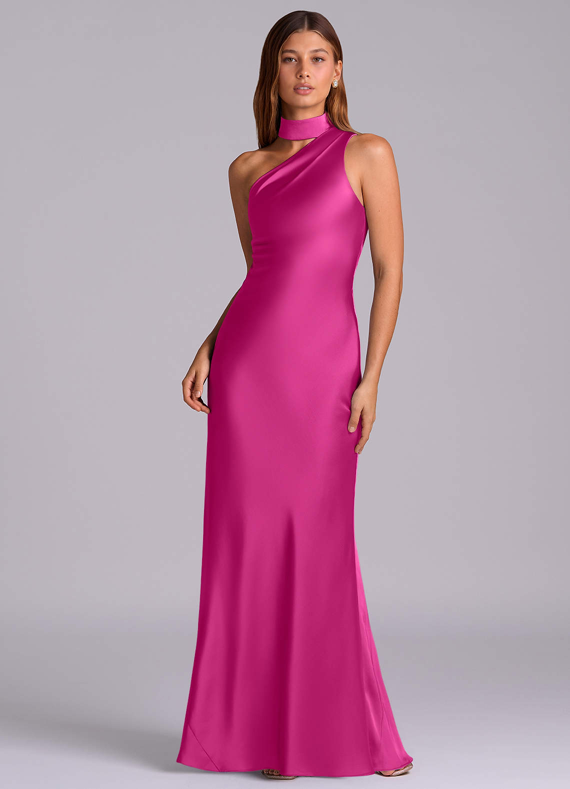 Seona Mermaid One-Shoulder Stretch Satin and Tulle Bridesmaid Dress in Fuchsia
