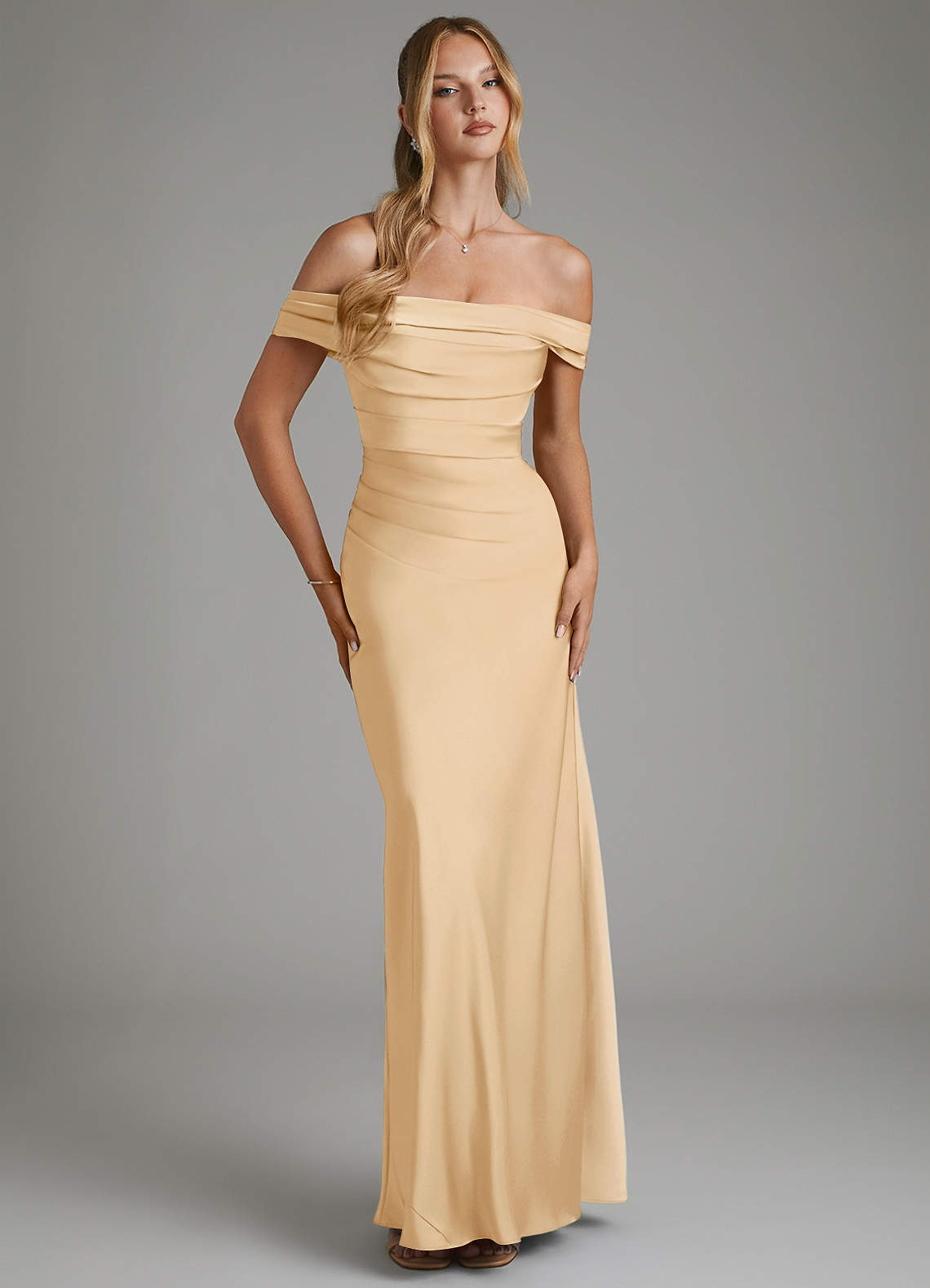 Hayden Mermaid Off-the-Shoulder Stretch Satin Bridesmaid Dress in Gold