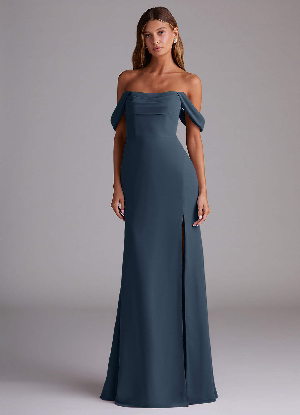Saige A-Line Off-the-Shoulder Chiffon Bridesmaid Dress in Neptune