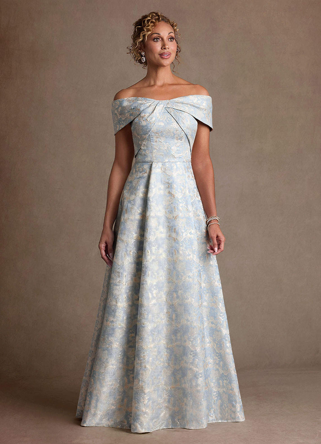 Harriett A-Line Off-the-Shoulder Jacquard Mother of the Bride Dress in dusty blue