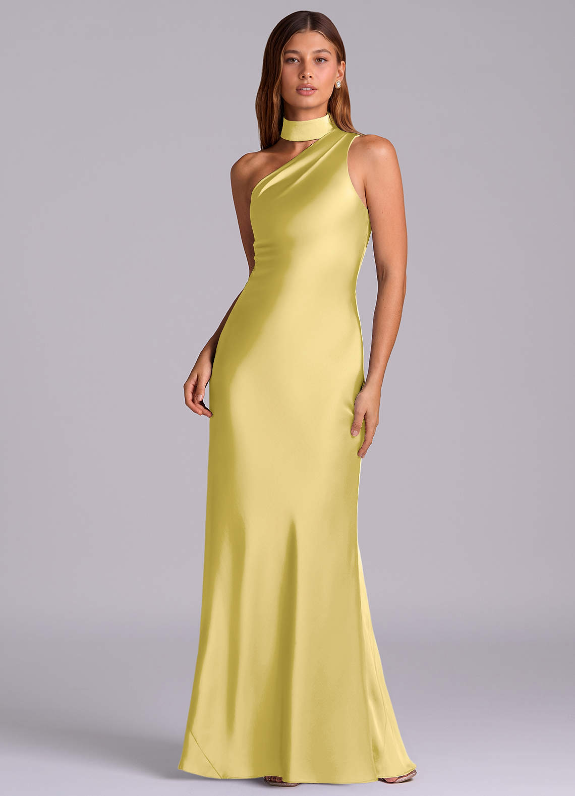 Seona Mermaid One-Shoulder Stretch Satin and Tulle Bridesmaid Dress in Canary