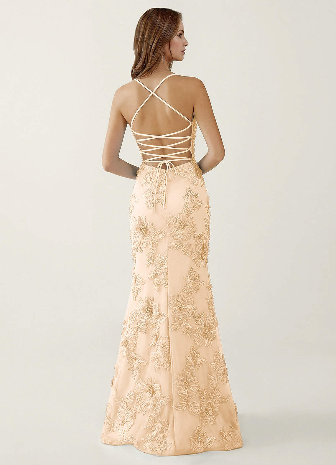 Bellatrix Mermaid Spaghetti-Strap Stretch Lace Evening Dress in Yellow