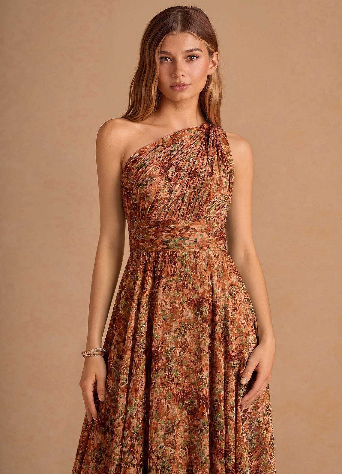 Noelle A-Line Twisted-Shoulder Chiffon Wedding Guest Dress in Orange Floral