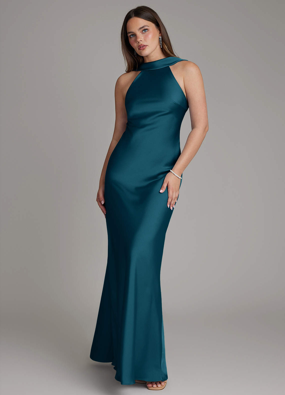 Dimitra Sheath Halter Stretch Satin Bridesmaid Dress in Ink Blue