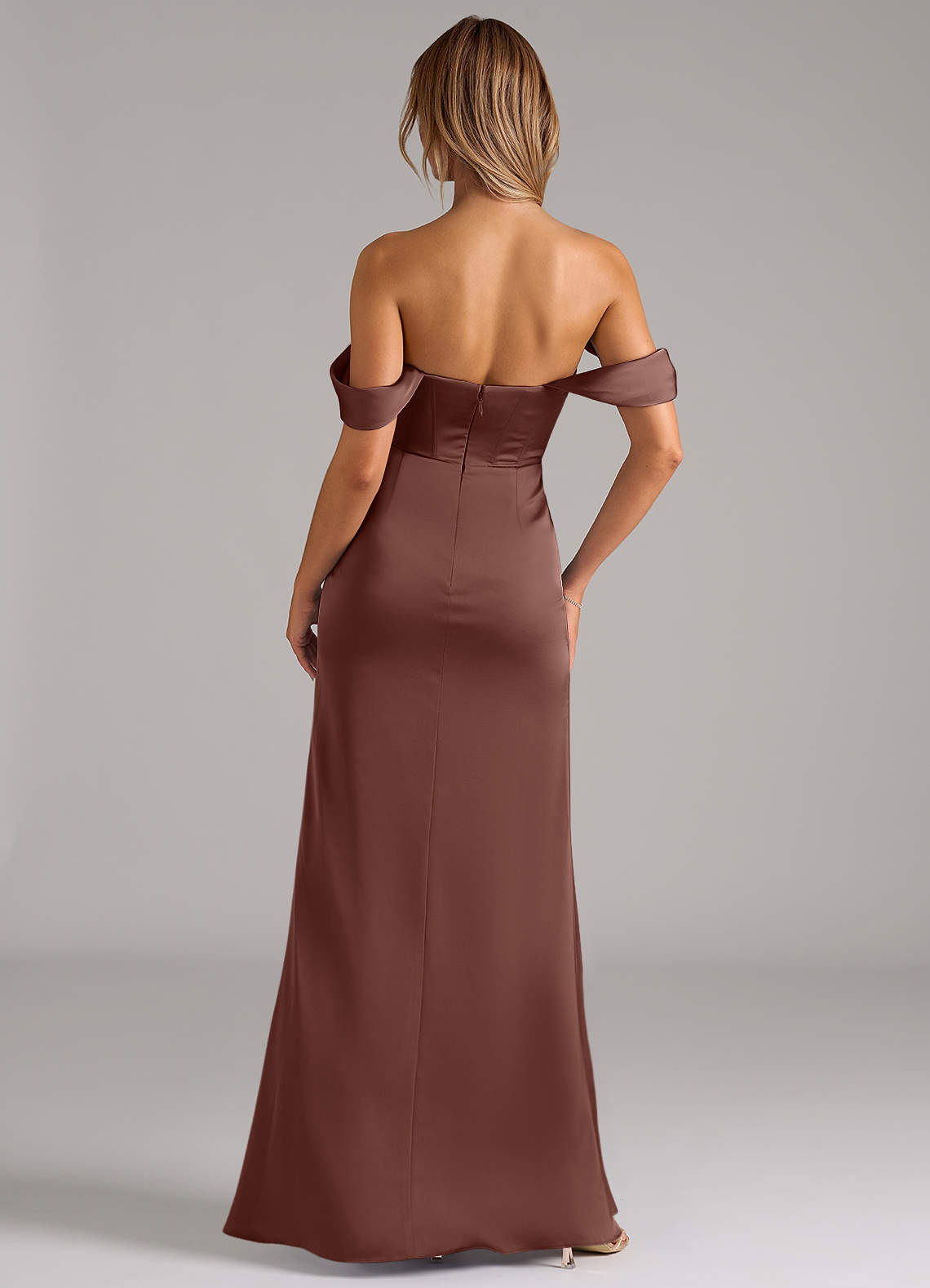 Johana Mermaid Off-the-Shoulder Stretch Satin Bridesmaid Dress in Espresso