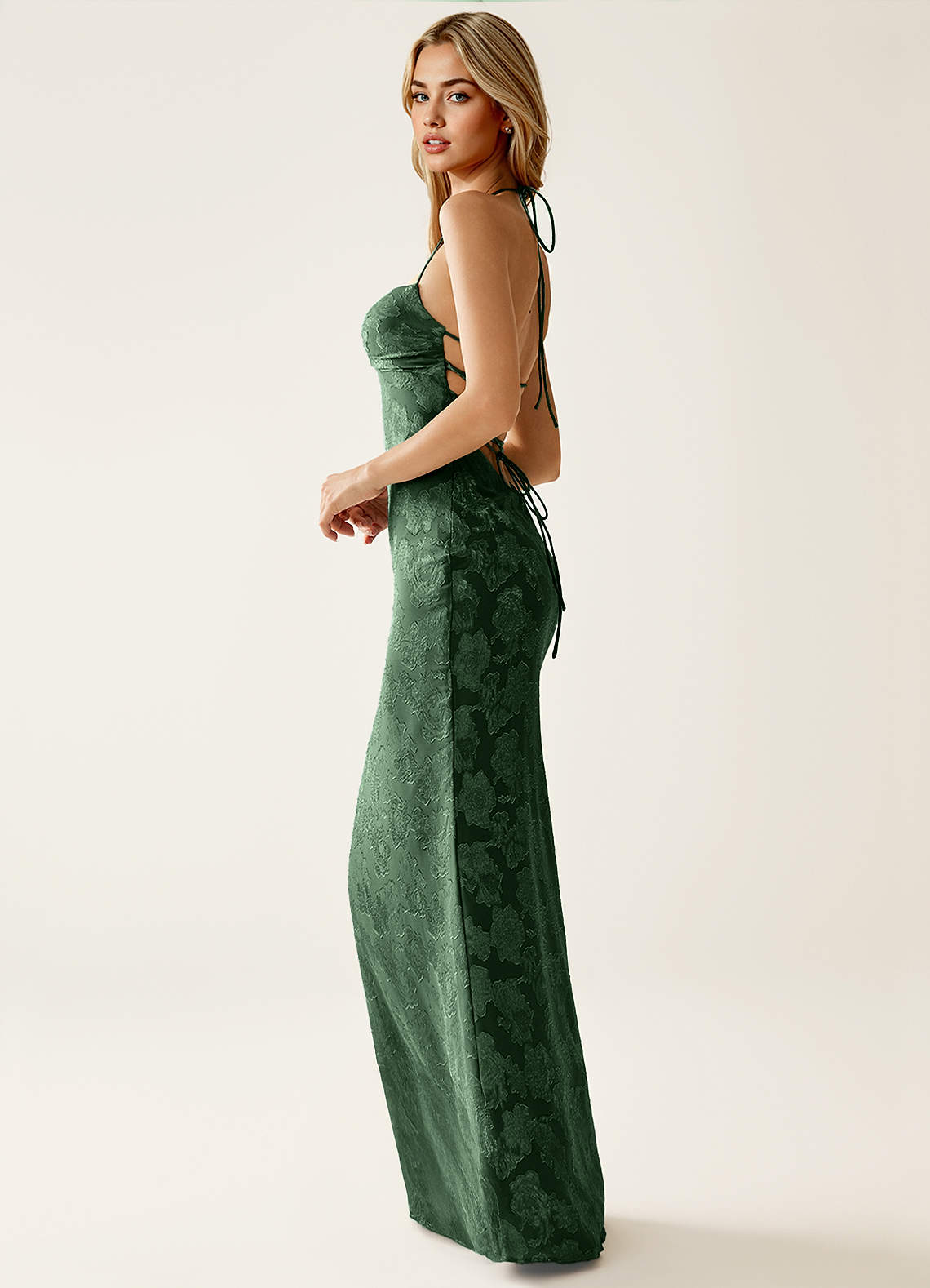 Angena Sheath Halter Floral Burnout Evening Dress in Eucalyptus