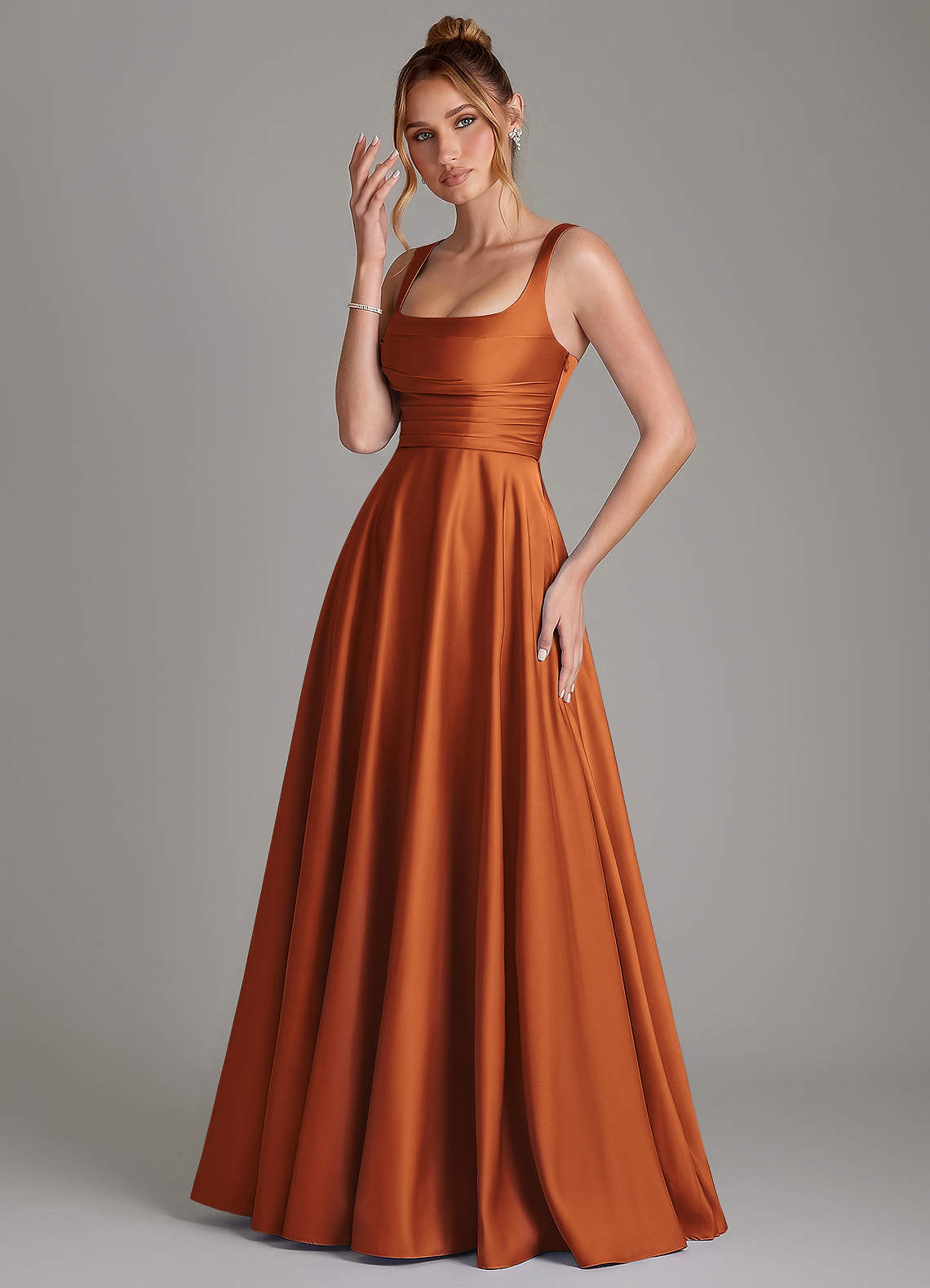 Azaria A-Line Square-Neck Stretch Satin Bridesmaid Dress in Cinnamon