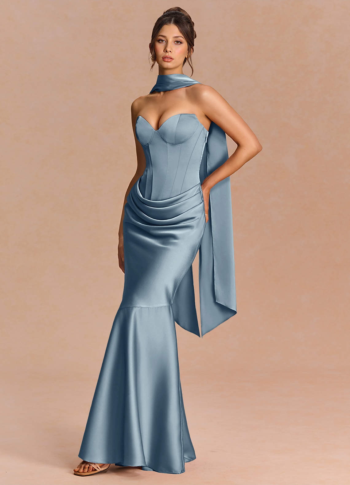 Euphemia Mermaid Strapless Stretch Satin Evening Dress in Powder Blue