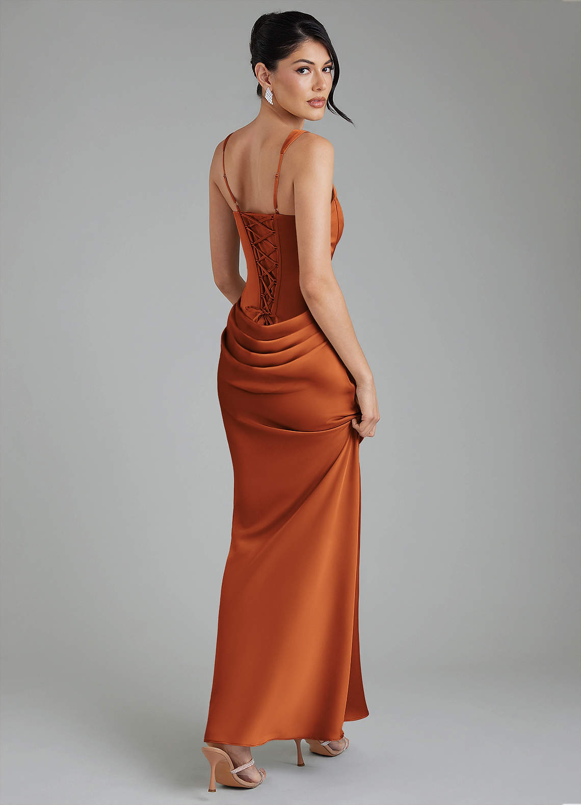 Etta Mermaid Square-Neck Stretch Satin Bridesmaid Dress in Cinnamon