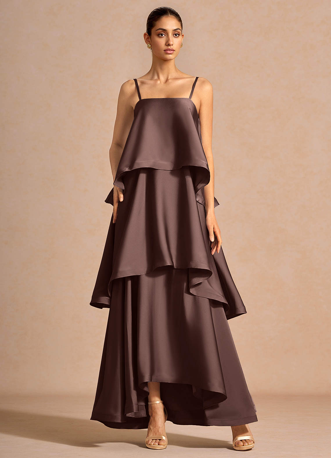 Itasca A-Line Tiered Stretch Satin Wedding Guest Dress in Truffle
