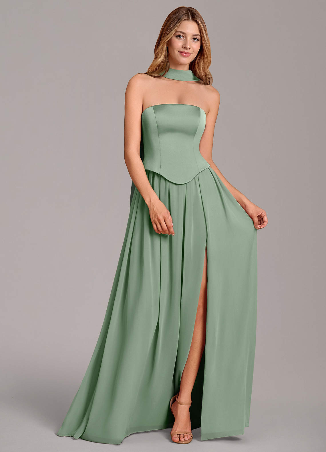 Cadence A-Line Strapless Chiffon and Stretch Satin Bridesmaid Dress in Matcha