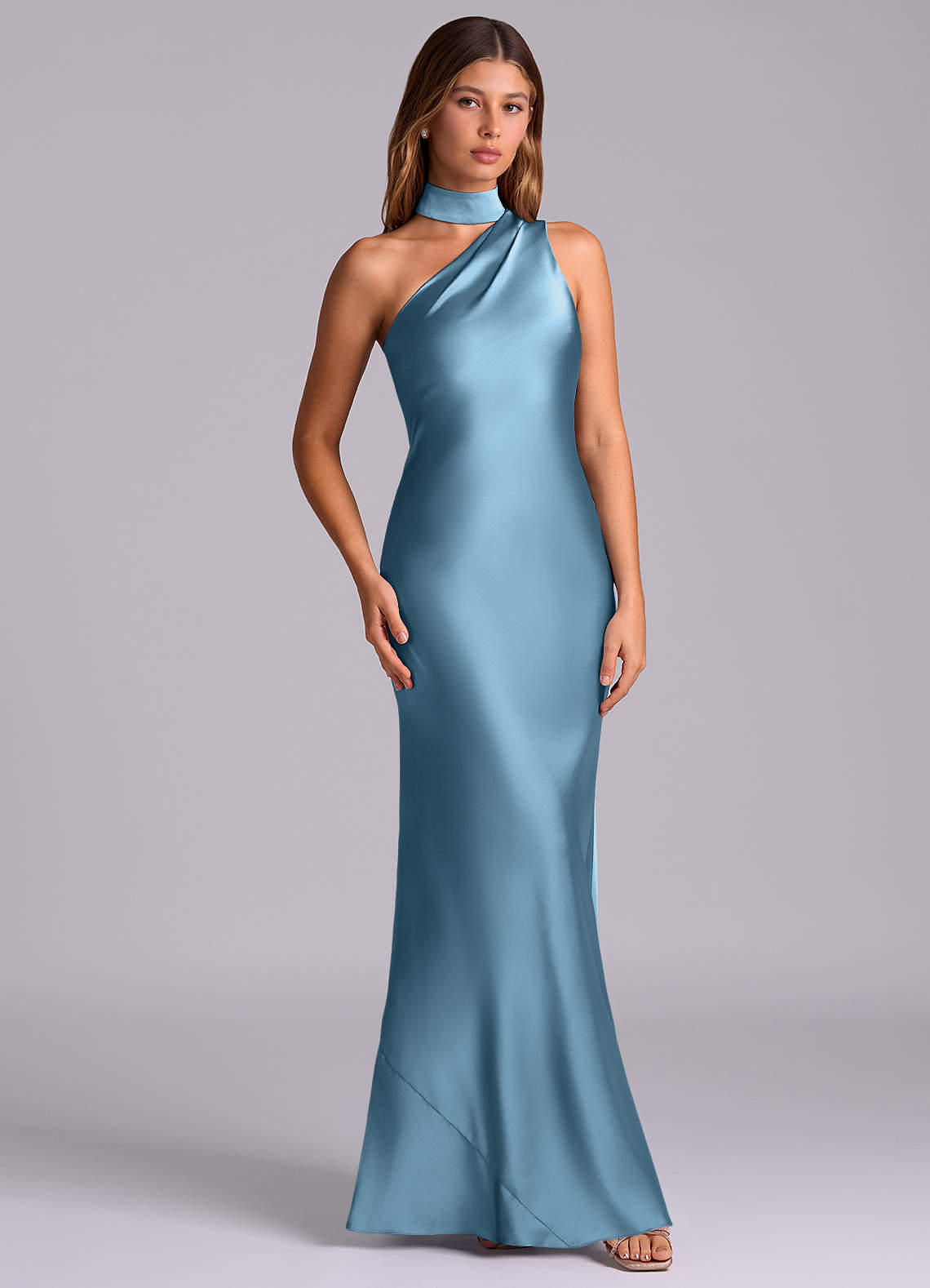 Seona Mermaid One-Shoulder Stretch Satin and Tulle Bridesmaid Dress in Steel Blue
