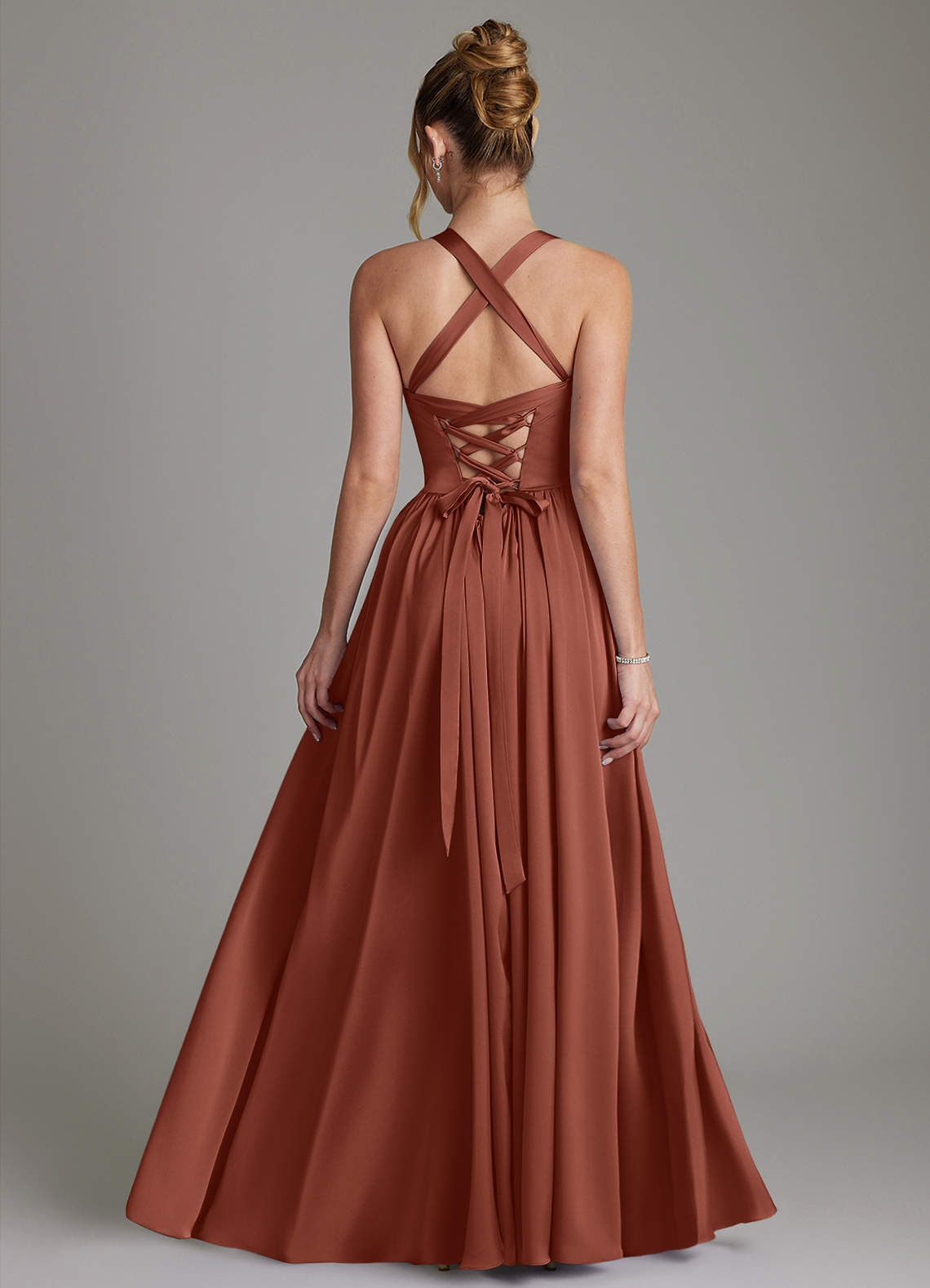 Francis A-Line V-Neck Stretch Satin Bridesmaid Dress in Auburn