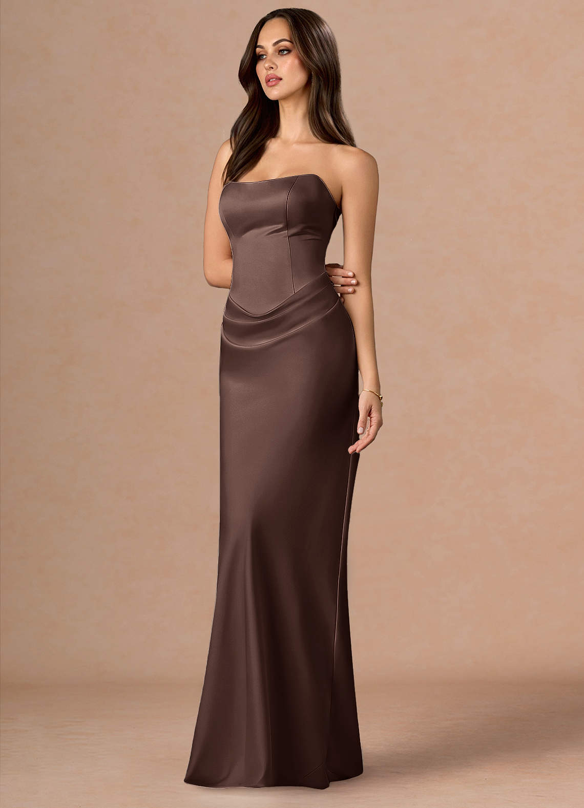 Valencia Scarf Lace-Up Stretch Satin Evening Dress in Truffle