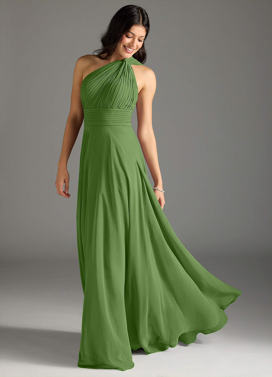 Charlize A-Line One-Shoulder Chiffon Bridesmaid Dress in Basil