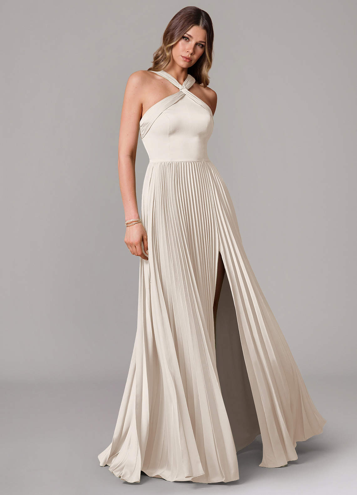 Afra A-Line Halter-Neck Stretch Satin Bridesmaid Dress in White Alabaster