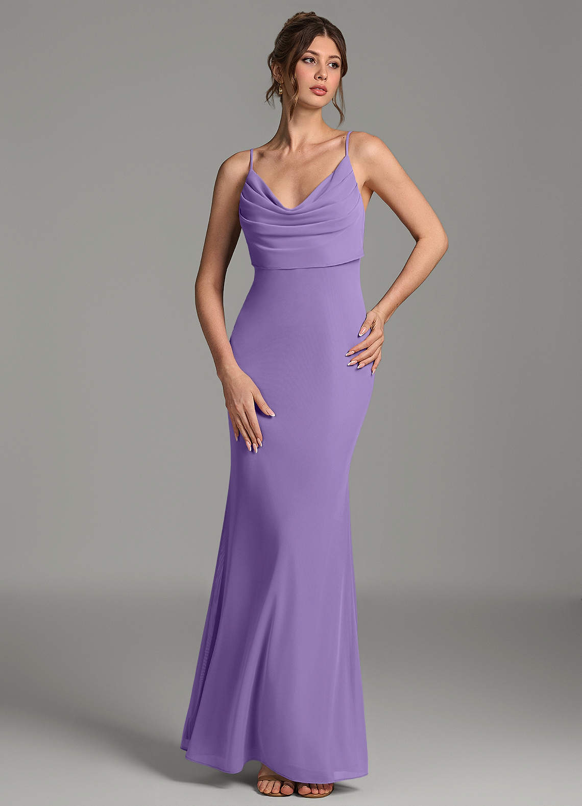 Zari Mermaid Cowl-Neck Mesh Bridesmaid Dress in Tahiti