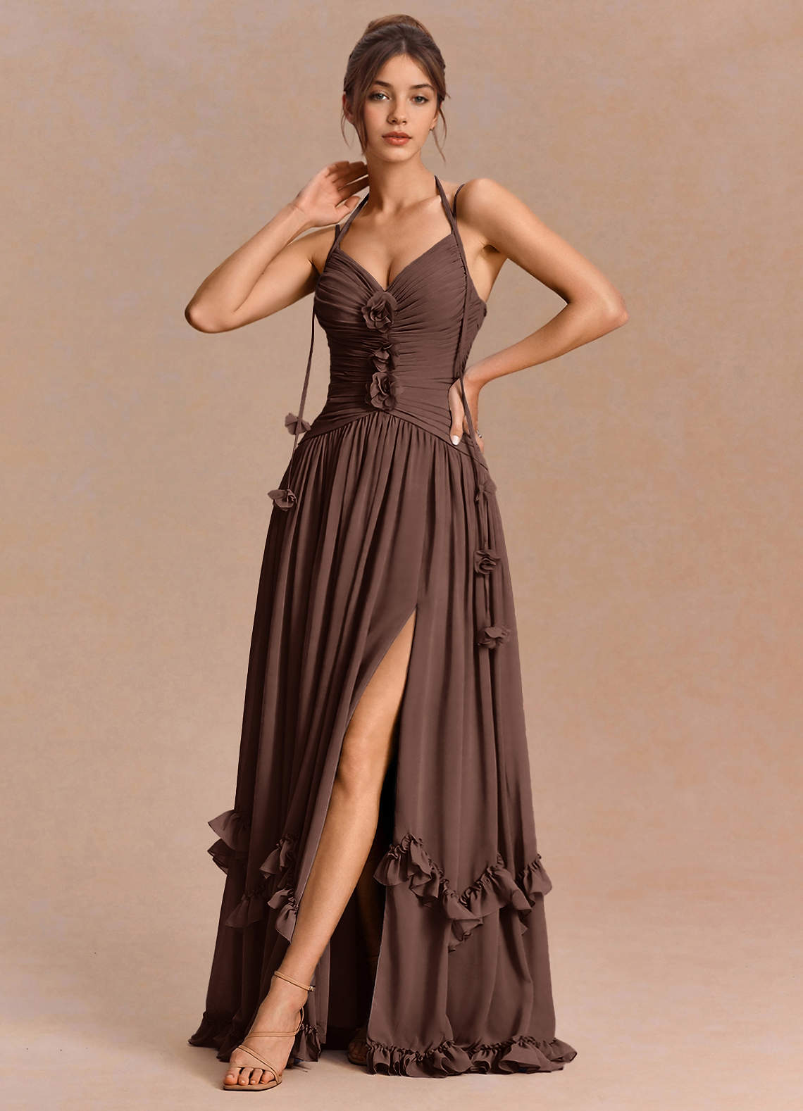 Eulalie A-Line Floral-Appliqué Chiffon Evening Dress in Truffle