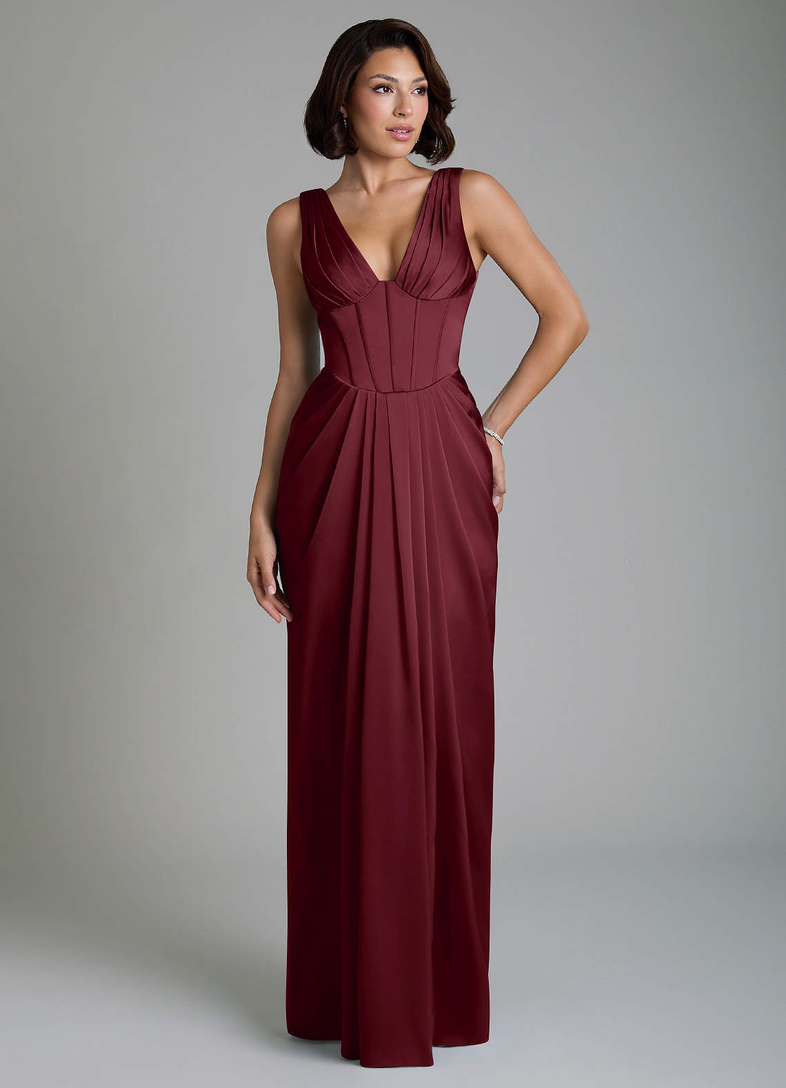 Vanya Sheath V-Neck Stretch Satin Bridesmaid Dress in Cabernet