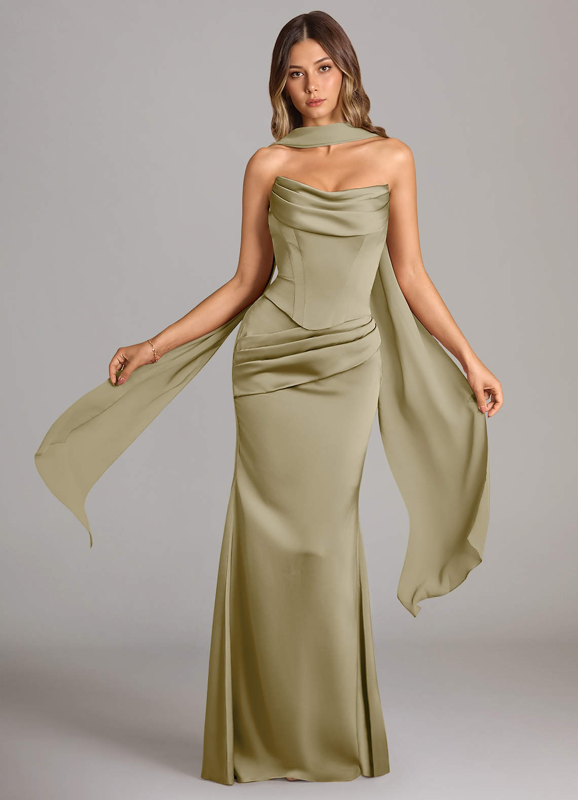 Sorrel Mermaid Cowl-Neck Stretch Satin and Chiffon Bridesmaid Dress in Moss Green