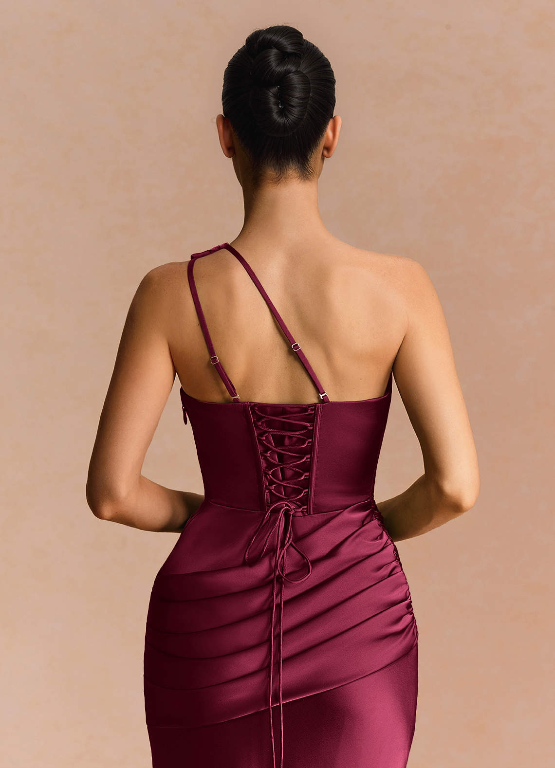 Guinevere One-Shoulder Cutout Stretch Satin Evening Dress in Merlot