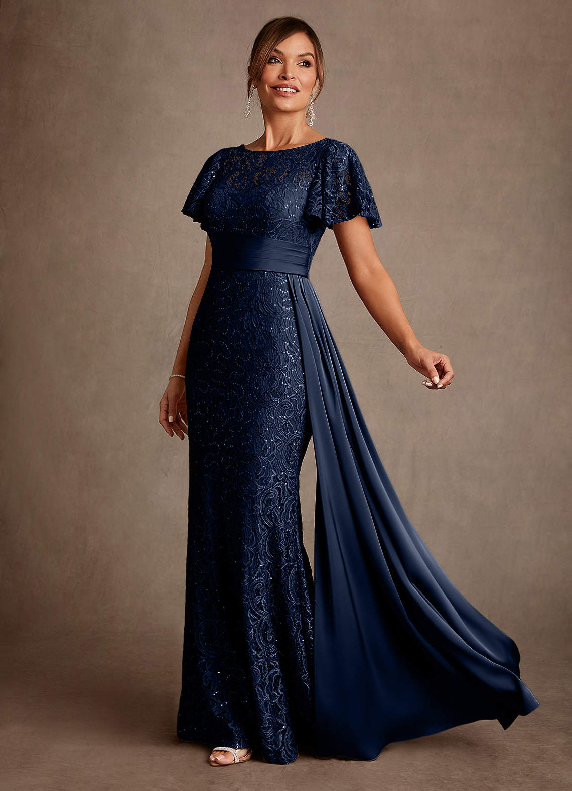 Harrison Mermaid Scoop-Neck Stretch Satin and Lace Mother of the Bride Dress in Dark Navy
