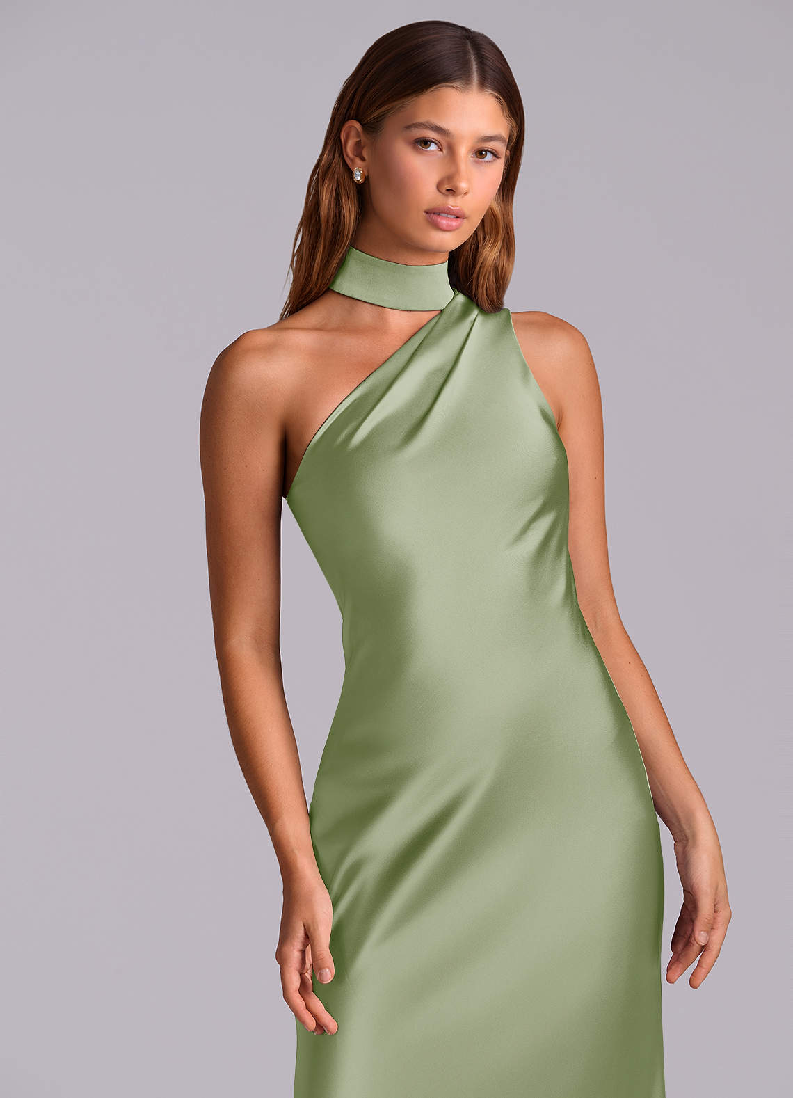 Seona Mermaid One-Shoulder Stretch Satin and Tulle Bridesmaid Dress in Dusty Sage