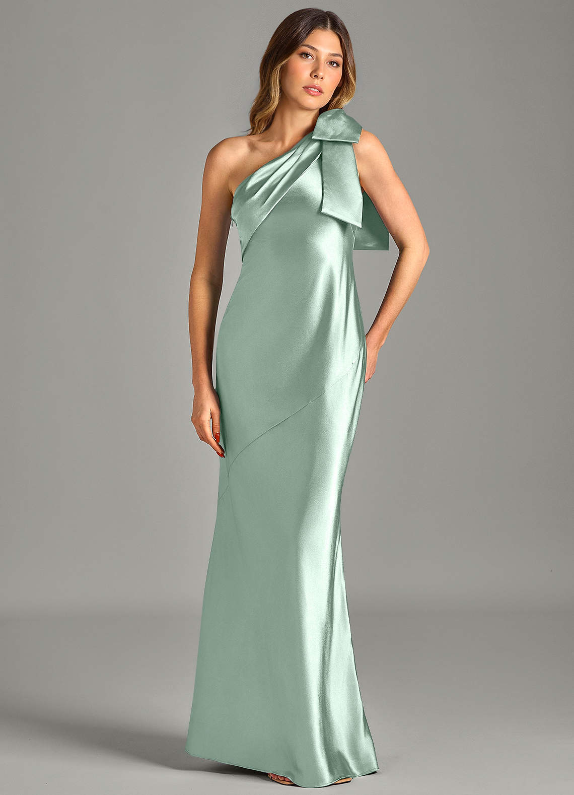 Yuanna Mermaid One-Shoulder Metallic Satin Bridesmaid Dress in Agave