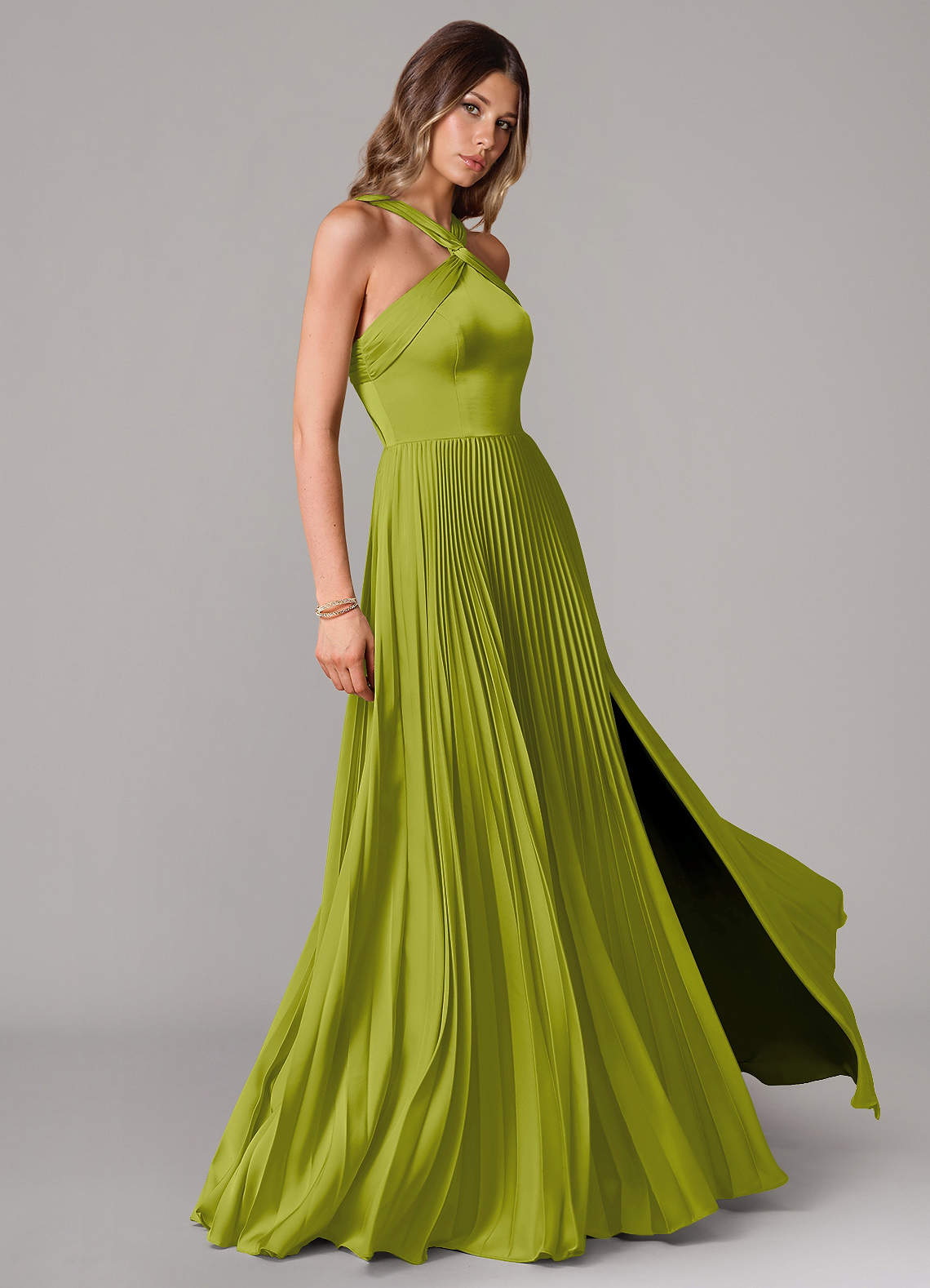 Afra A-Line Halter-Neck Stretch Satin Bridesmaid Dress in Lemongrass