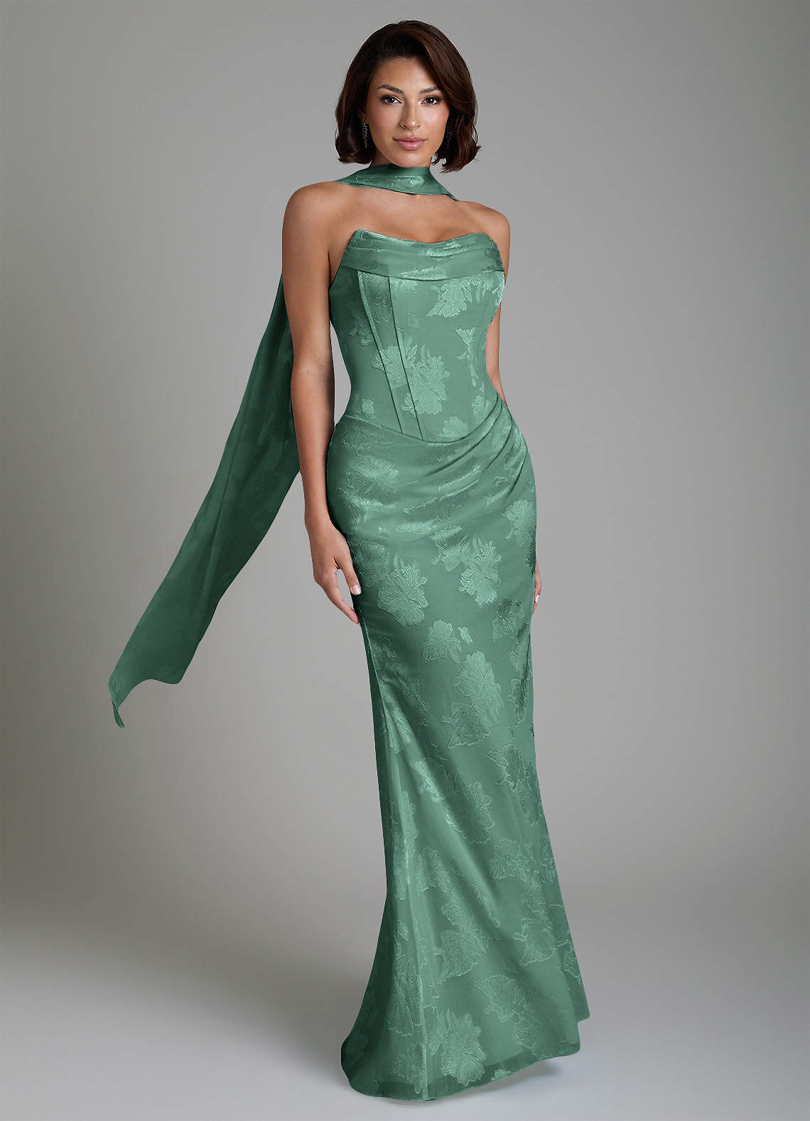 Ariah Mermaid Cowl-Neck Jacquard Bridesmaid Dress in Eucalyptus