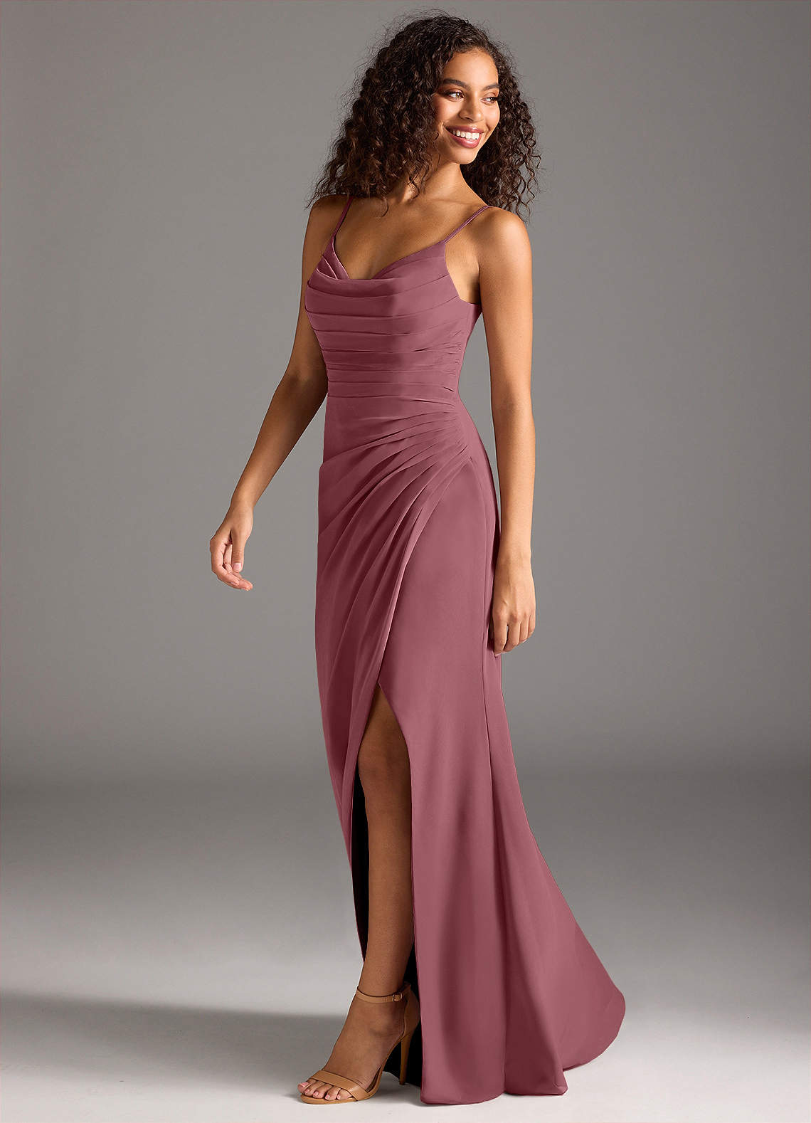 Deandra Mermaid Cowl-Neck Chiffon Bridesmaid Dress in Desert Rose