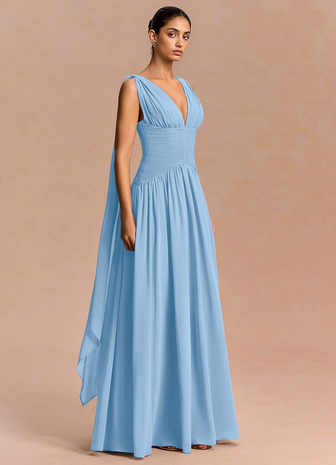 Eluney A-Line V-Neck Chiffon Evening Dress in Haze blue