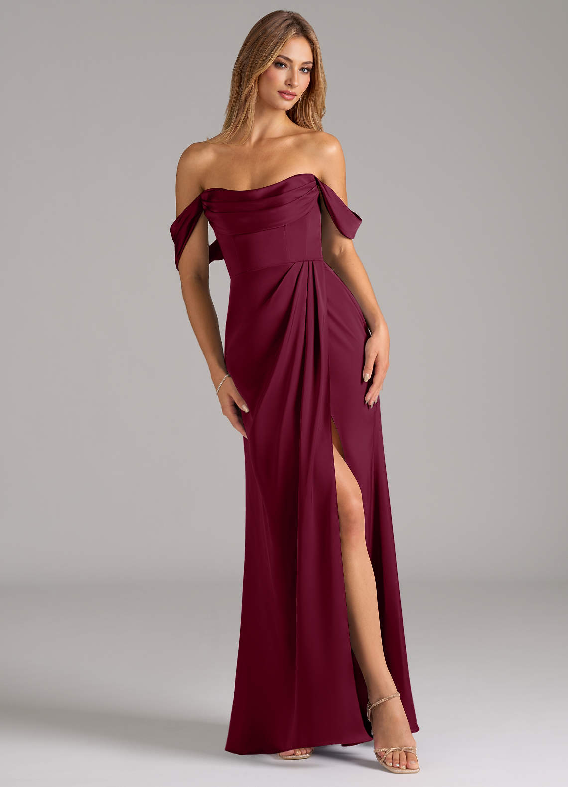 Johana Mermaid Off-the-Shoulder Stretch Satin Bridesmaid Dress in Mulberry