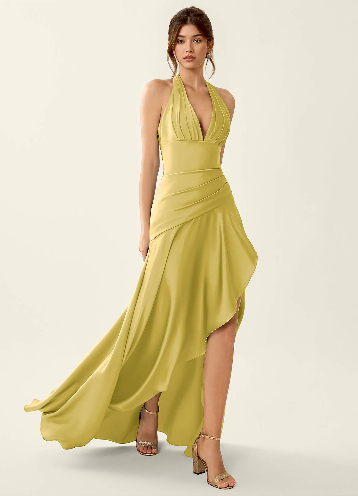 Titania Halter Asymmetric-Ruffle Satin Evening Dress in Pastel Yellow