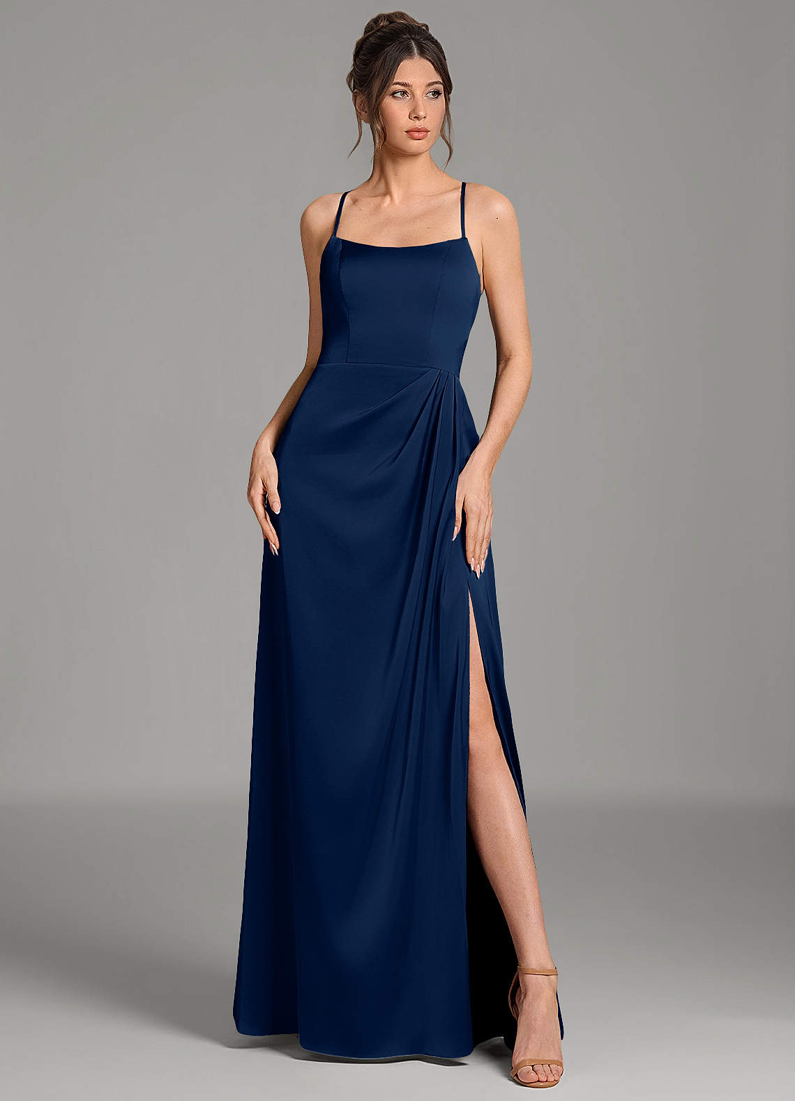 Frankie A-Line Scoop-Neck Stretch Satin Bridesmaid Dress in Dark Navy