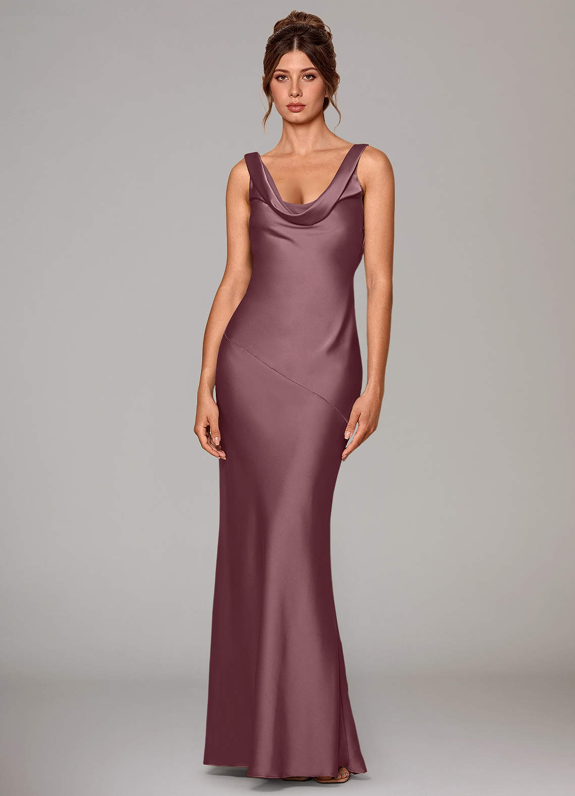 Rylina Mermaid Cowl-Neck Stretch Satin Bridesmaid Dress in Amethyst