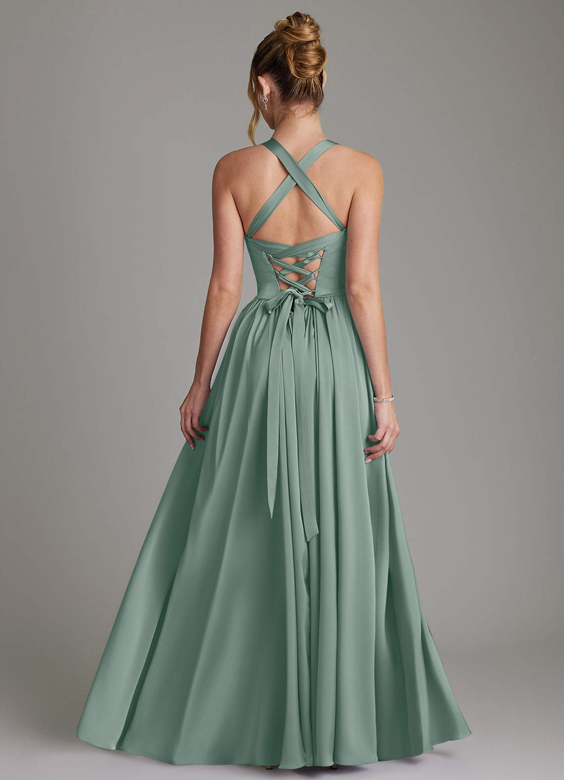 Francis A-Line V-Neck Stretch Satin Bridesmaid Dress in Silver Sage