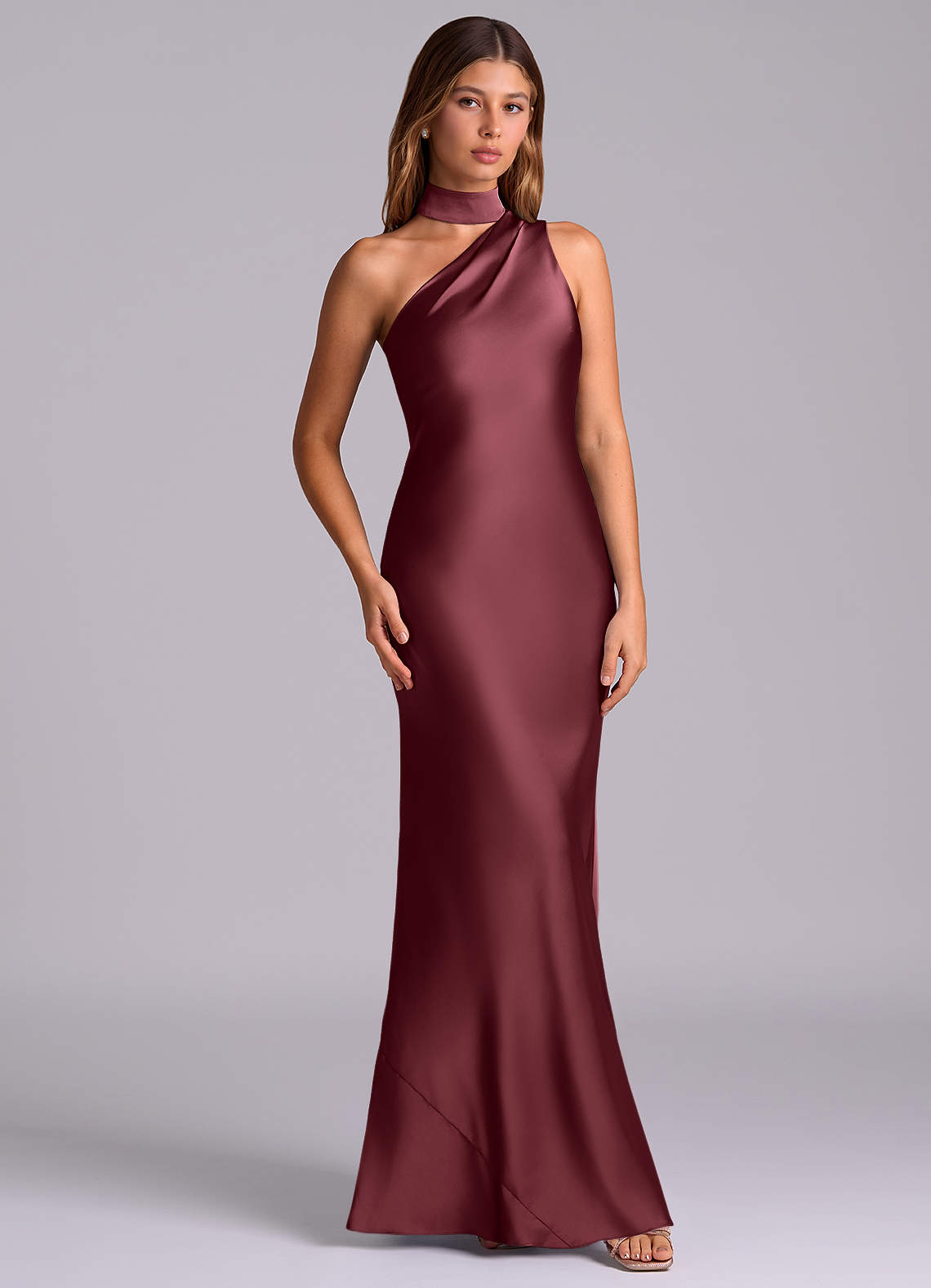 Seona Mermaid One-Shoulder Stretch Satin and Tulle Bridesmaid Dress in Merlot