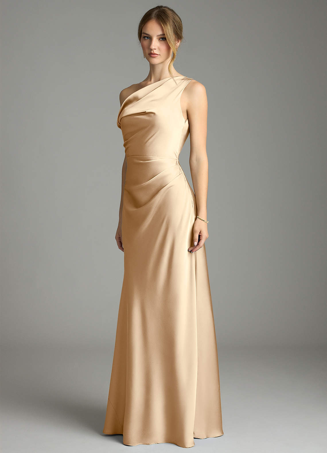 Emerson Mermaid One-Shoulder Stretch Satin Bridesmaid Dress in Champagne