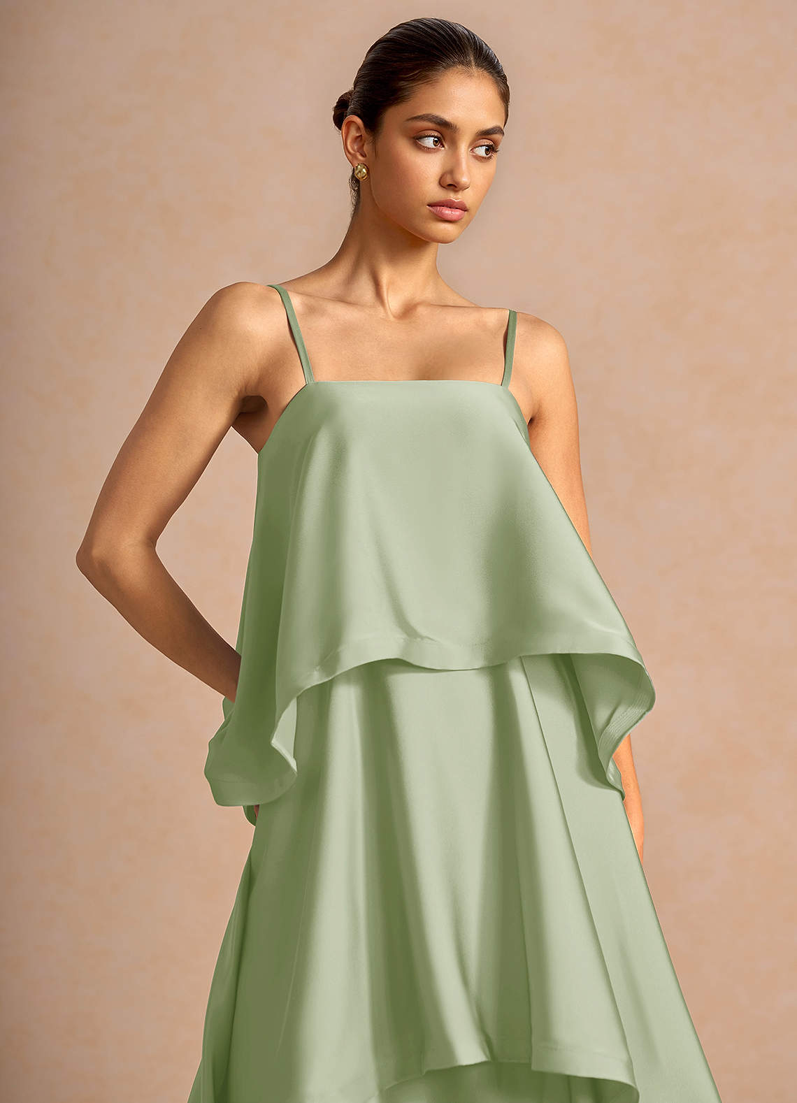 Itasca A-Line Tiered Stretch Satin Wedding Guest Dress in Light Green