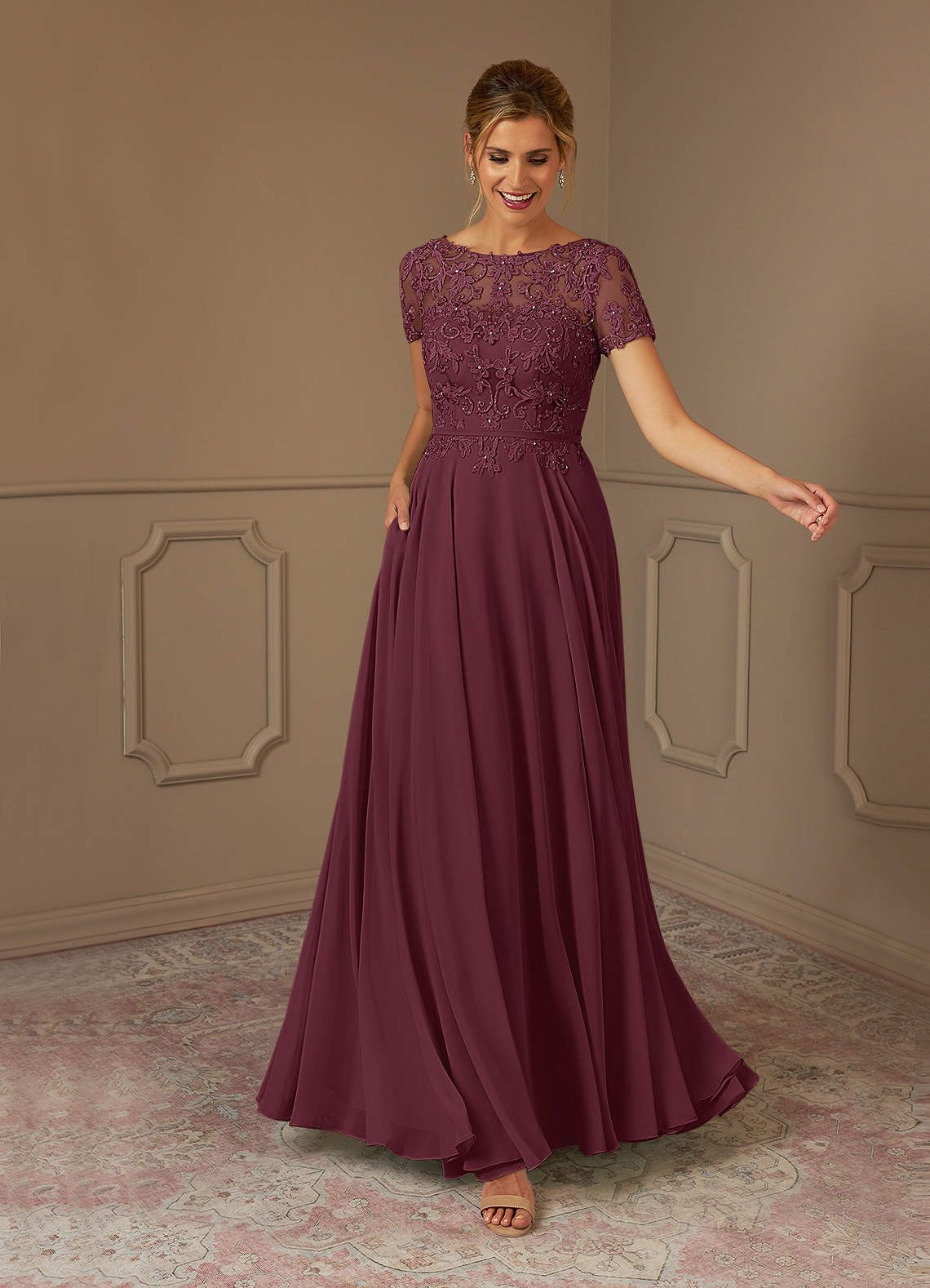 Adina A-Line Boat-Neck Chiffon Mother of the Bride Dress in Cabernet
