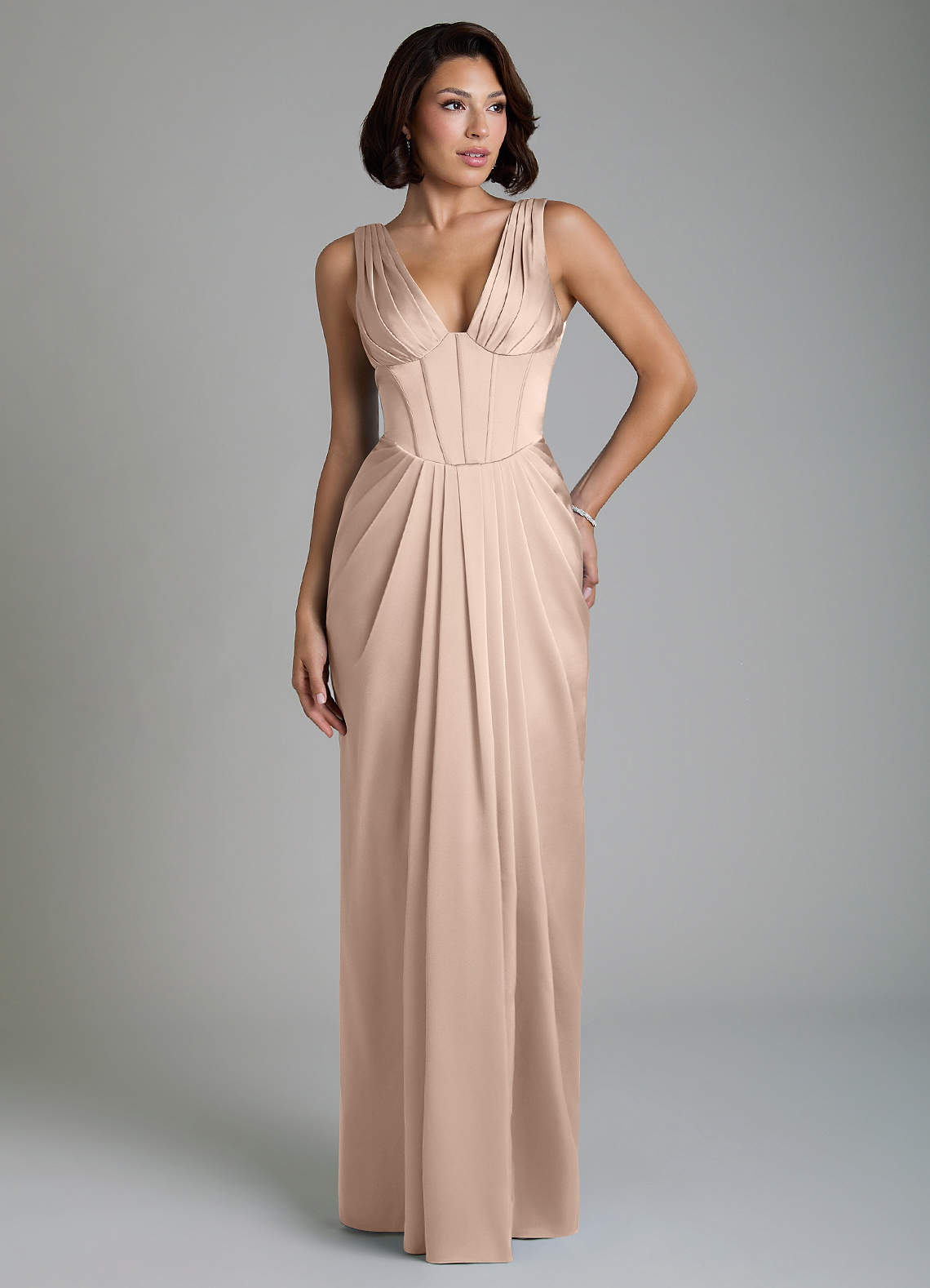 Vanya Sheath V-Neck Stretch Satin Bridesmaid Dress in English Rose
