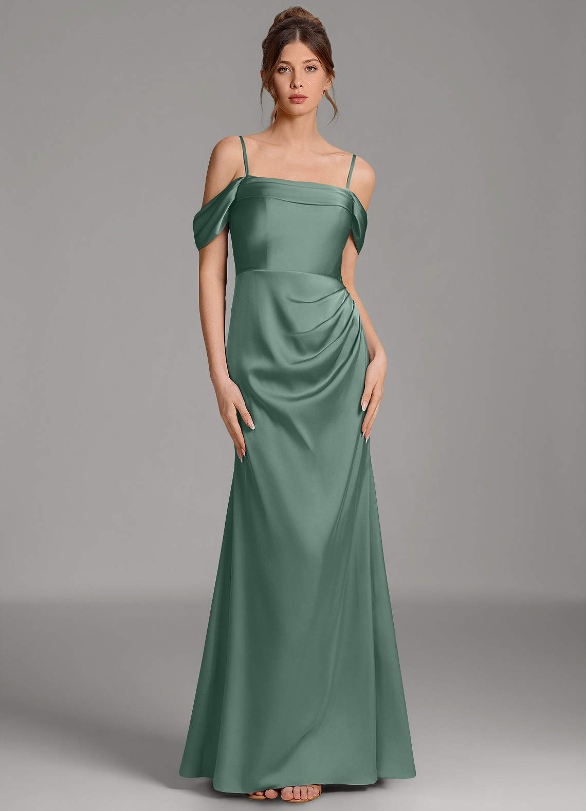 Wyatt Mermaid Off-the-Shoulder Stretch Satin Bridesmaid Dress in Eucalyptus