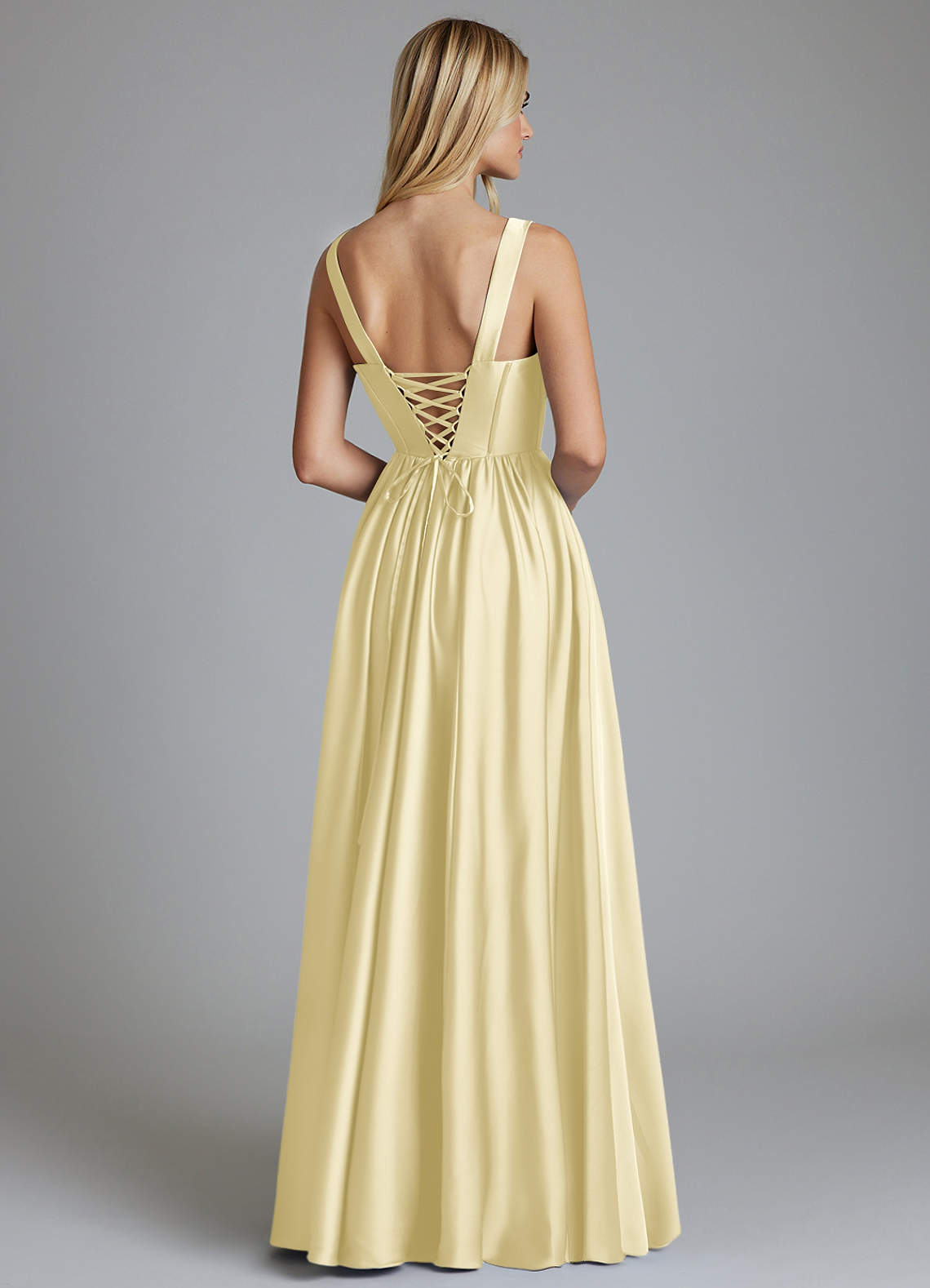 Delmie A-Line V-Neck Stretch Satin Bridesmaid Dress in Lemon Sorbet